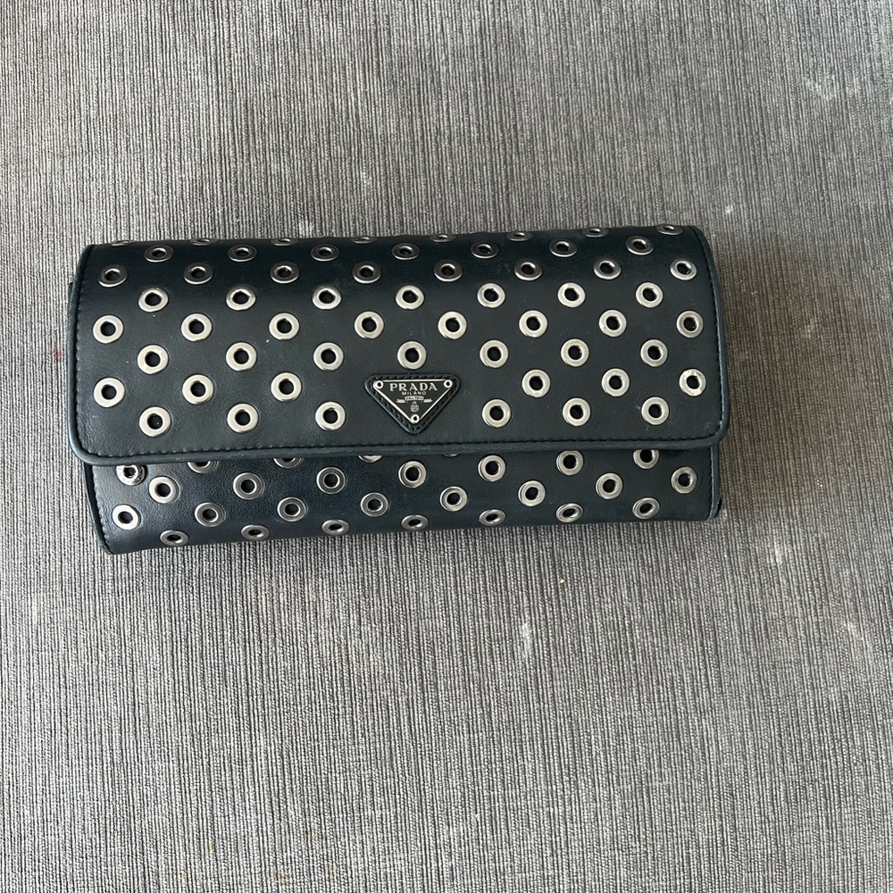 PRADA black wallet on chain red interior Silver ring holes Very good condition
